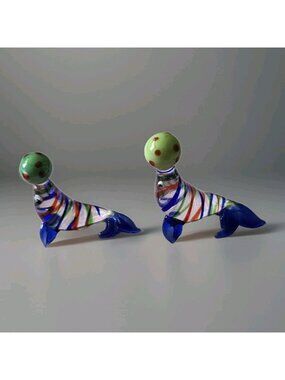 Vintage Murano Style Blown Glass Seal Figurine Set Balancing Ball Miniatures